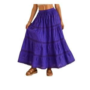 Alki'i Archive Purple Tiered Maxi Skirt Crochet Lace Cotton Boho One Size